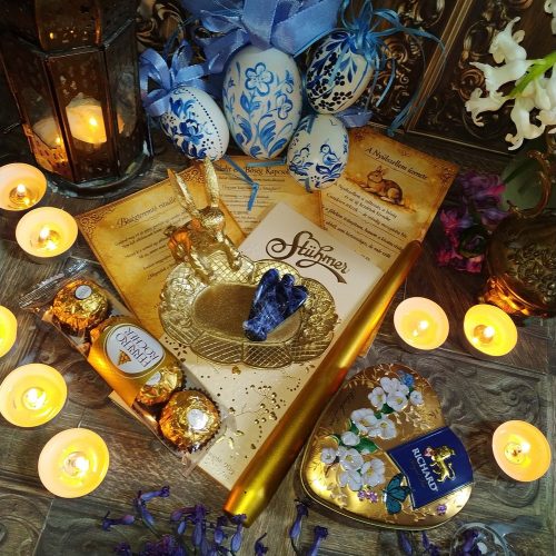 Csokoládé ajándékcsomag nyuszi figurával, ásvánnyal és teával - Bőségteremés, új kezdetek, belső megújulás