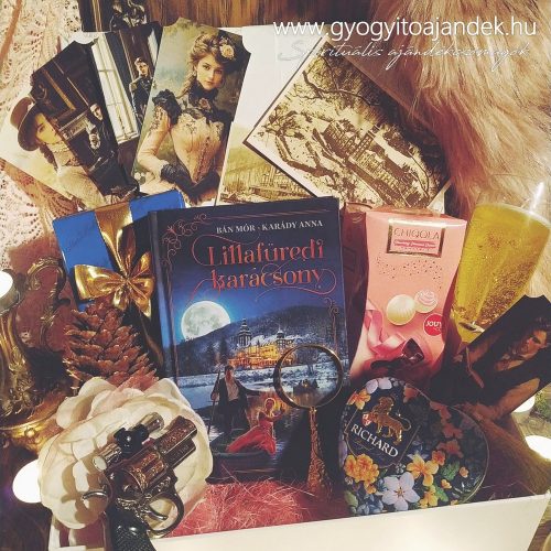 Lillafüredi karácsony ajándékcsomag - Prémium olvasóbox csokoládéval, teával,  pezsgő alakú gyertyával