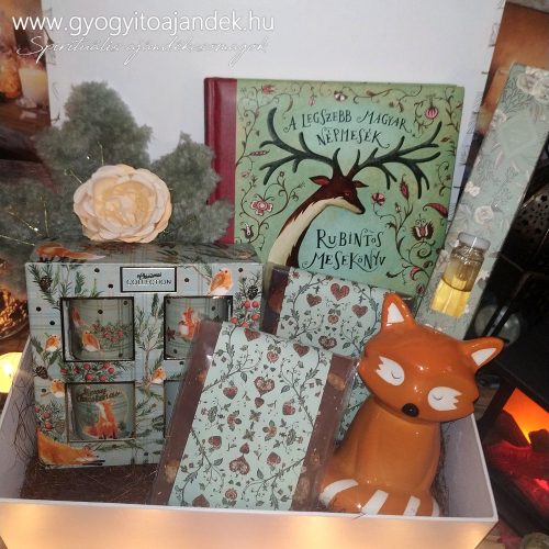 Rubintos mesekönyv ajándékcsomag csokoládéval és róka persellyel