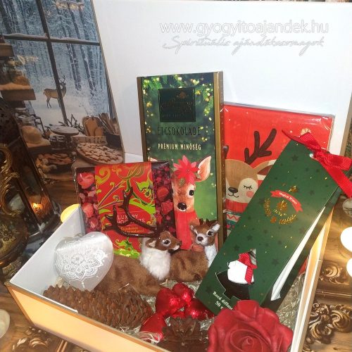 Karácsonyi ajándékcsomag csokoládéval, szerelmes szarvasokkal, szelenit ásvány szívvel