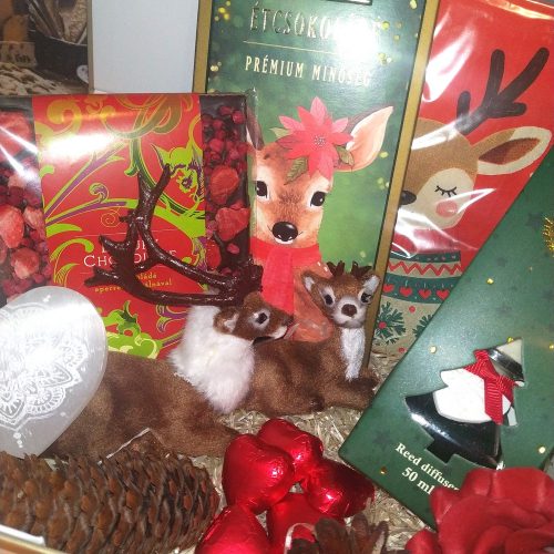 Karácsonyi ajándékcsomag csokoládéval, szerelmes szarvasokkal, szelenit ásvány szívvel